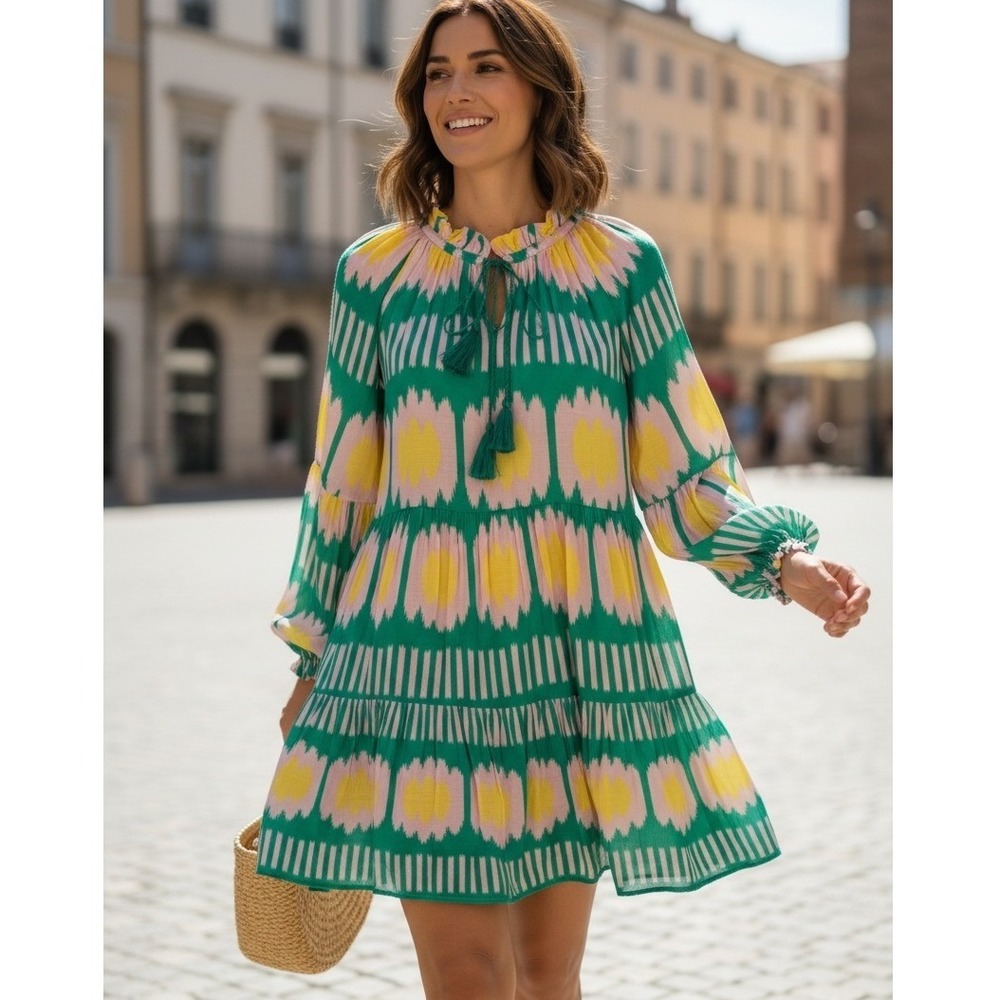 Oliphant Ikat Tiered Mini Dress SZ Large Green Pink Yellow Cotton Tassel Boho